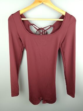 Long Sleeve Scoop Neck Romper with Back Lace Up Detail - Wine